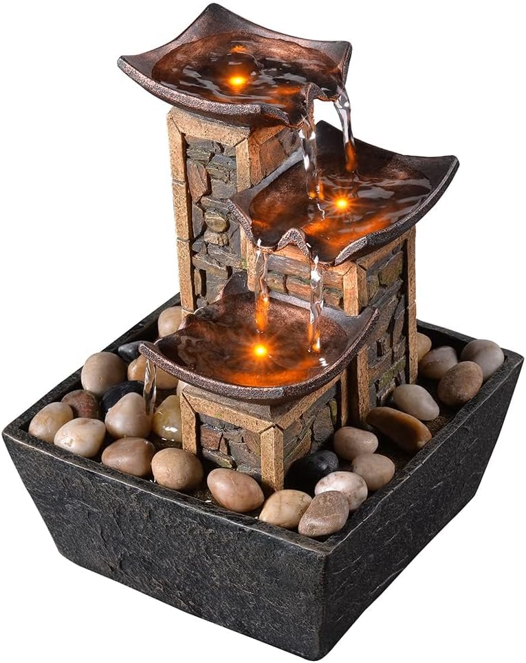 GOSSI Indoor 3-Tier Relaxation Tabletop Fountain Simulation Stone Pillar Water Fountain Soothing Sound Meditation Fountain with Natural River Rocks and Reflective Lighting Feature - Image 1